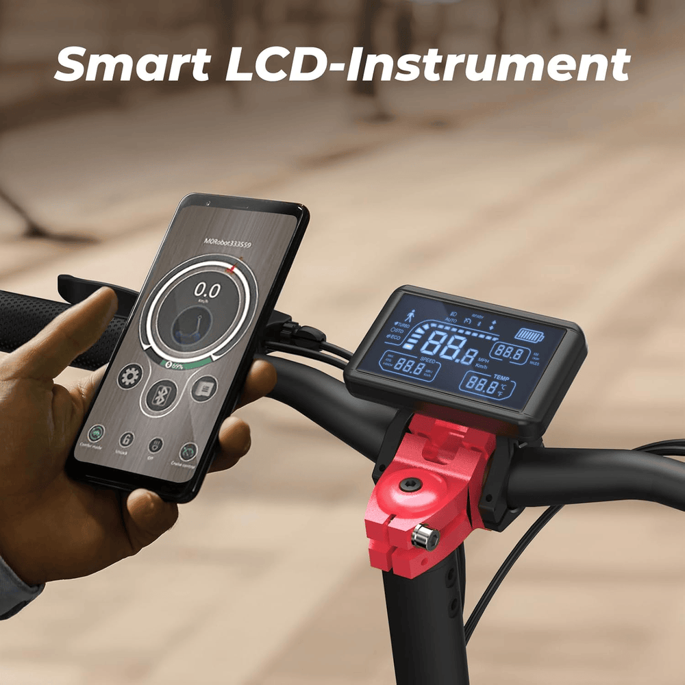 A person holds a smartphone displaying a control app next to a smart LCD instrument mounted on a T8 bike's handlebars, featuring a sleek black and red design.