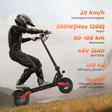 A person wearing protective gear rides an off-road electric scooter with rugged tires on a grassy terrain, showcasing specifications like a 500W motor, 80-100 km range, and 48V 15Ah battery on the side.