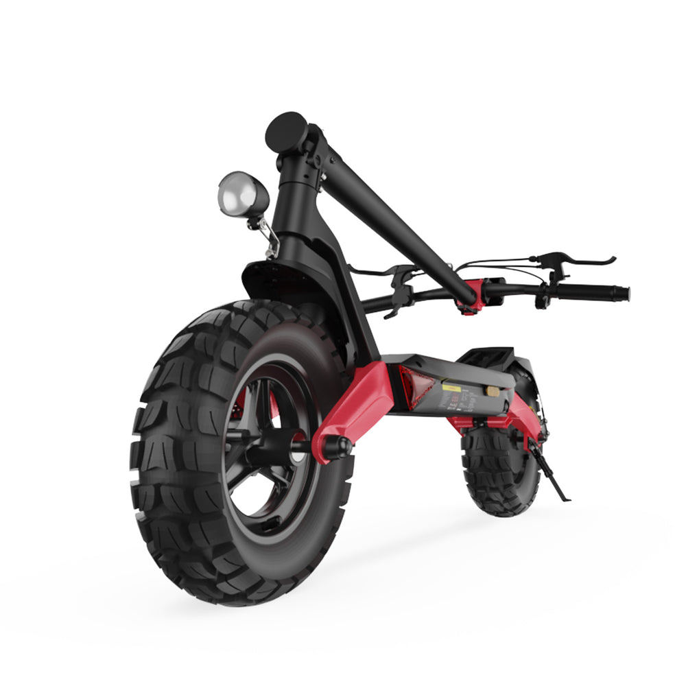 A folded state rugged electric scooter T8 with large, knobby tires is shown from a low angle, highlighting its sturdy red and black frame. It features a headlight at the front and handlebars with visible brake levers, emphasizing its robust design for off-road use.