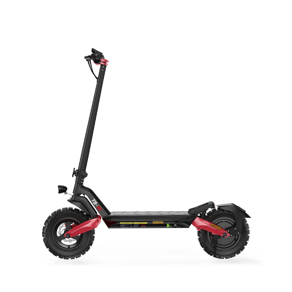 A side profile sleek black electric scooter T8 with red accents, featuring large, rugged tires and a sturdy frame, is shown against a white background.