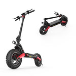 A black and red electric scooter T8 with rugged tires is shown in two views: one standing upright and the other folded. The scooter features a sturdy frame, a headlight, and a wide deck, emphasizing its robust design.