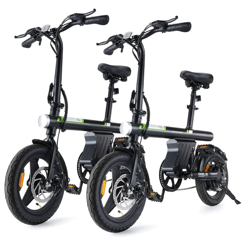 Two sleek black folding electric bikes are positioned side by side, featuring compact frames, thick tires, and visible disc brakes. Each bike has a sturdy black seat and handlebars equipped with controls, with a battery mounted on the frame.