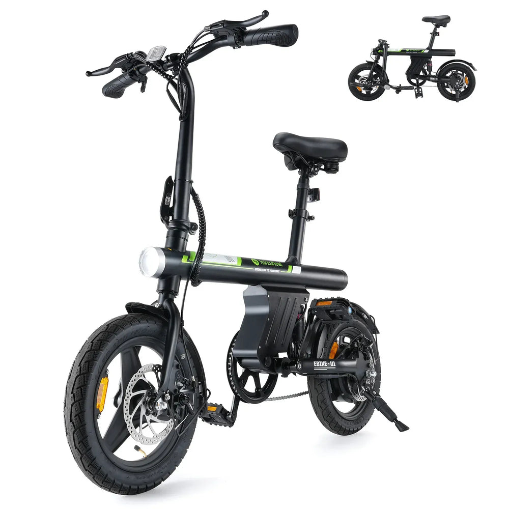 Black electric bike with folded version on a white background