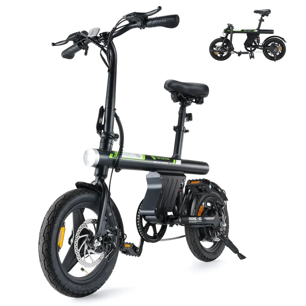 A sleek black folding electric bike with a compact design, featuring a sturdy frame, disc brakes, and a visible battery pack. The bike is equipped with a comfortable seat and thick tires, suitable for urban commuting. A smaller image in the corner shows the bike in a fully folded position.