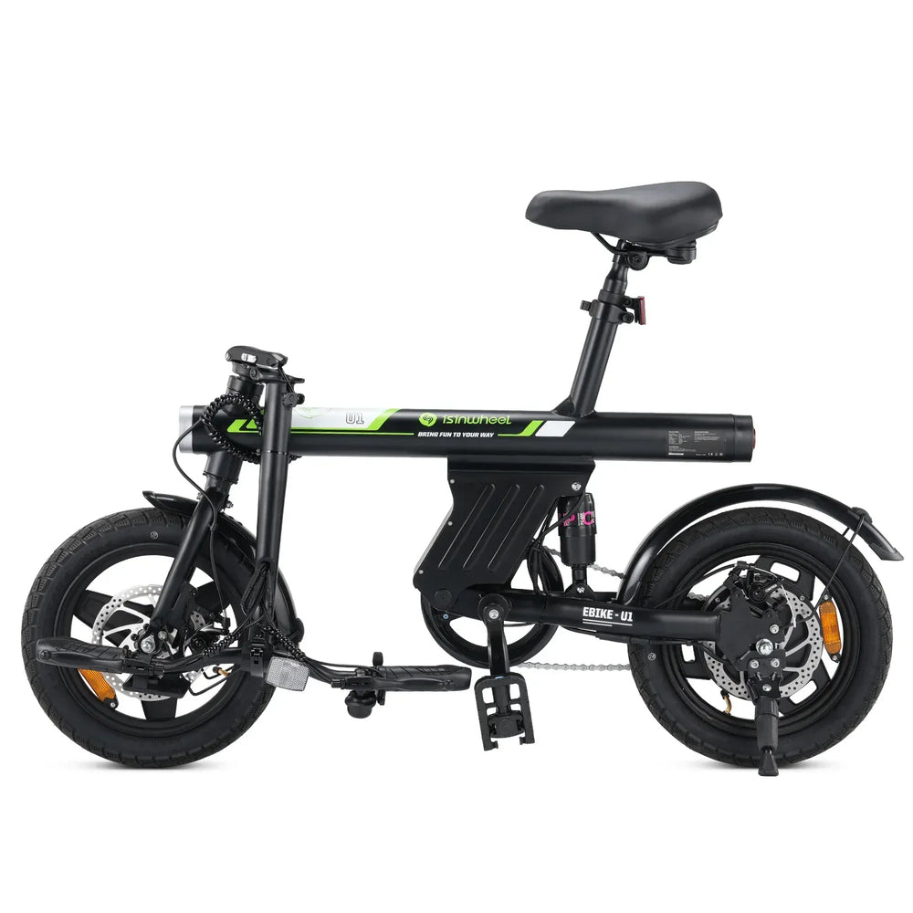 A compact black electric bike with a sturdy frame and small wheels is shown in profile. It features a comfortable saddle, disc brakes, and a kickstand. The bike has green and white branding on the frame, adding a modern touch.