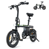 A sleek black folding electric bike with a compact design, featuring a sturdy frame, disc brakes, and a visible battery pack. The bike is equipped with a comfortable seat and thick tires, suitable for urban commuting. A smaller image in the corner shows the bike in a fully folded position.