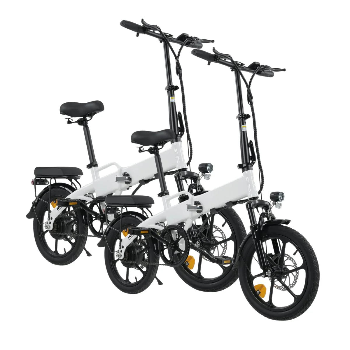 Two white folding electric bikes on a white background Two white folding electric bikes on a white background