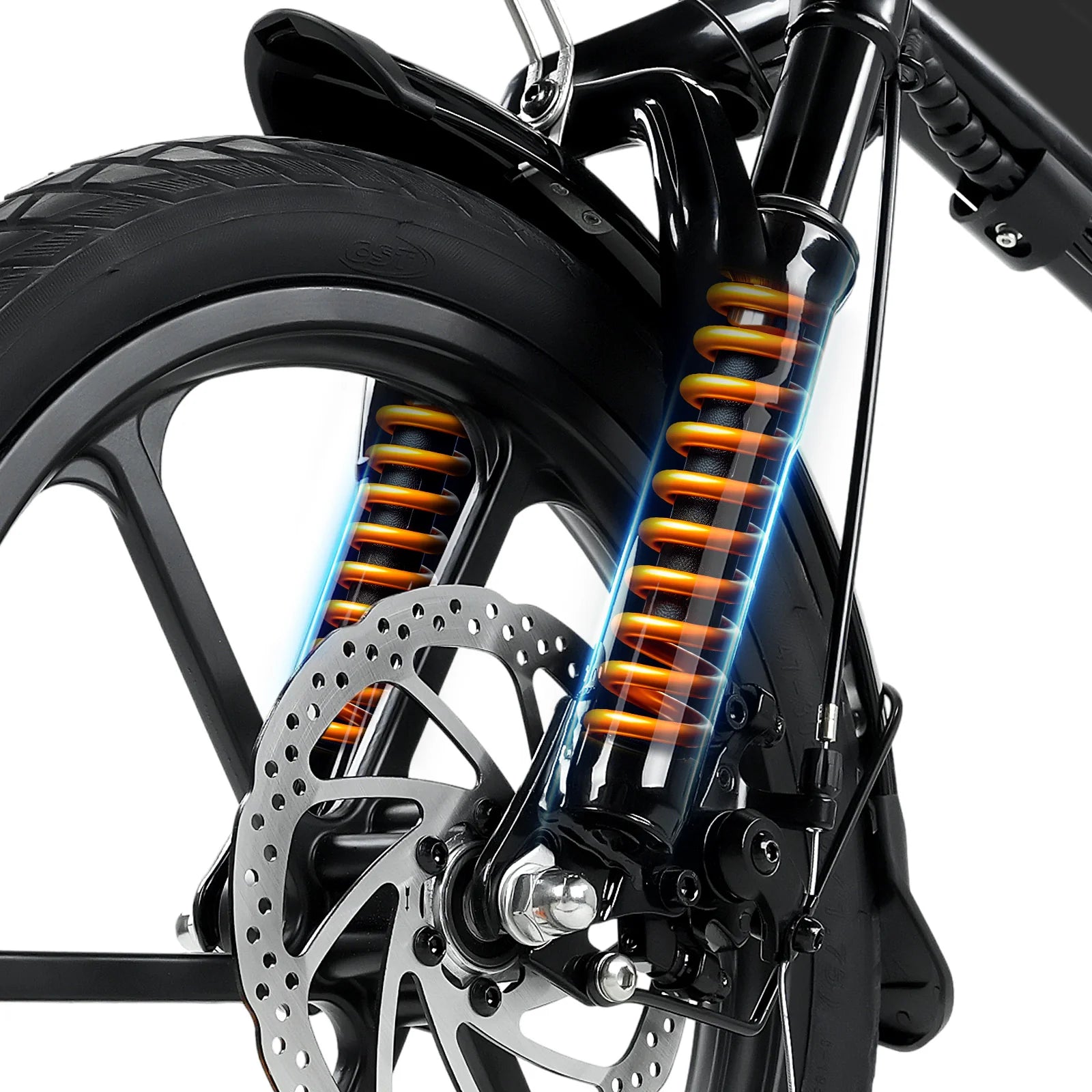 Close-up of a electric bike suspension system with orange spring coils on a white background Close-up of a electric bike suspension system with orange spring coils on a white background