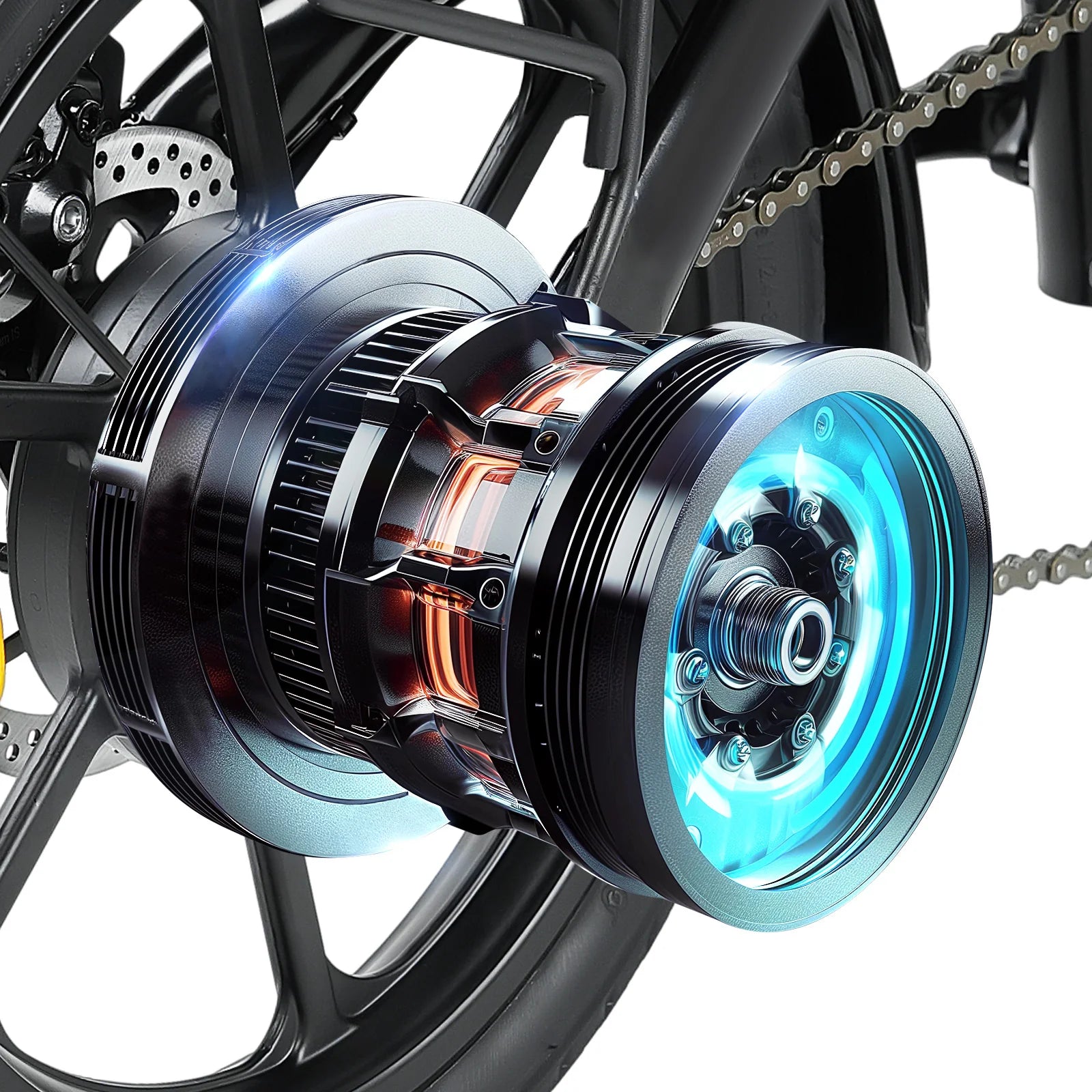 Close-up of a electric bike wheel with glowing blue hub Close-up of a electric bike wheel with glowing blue hub