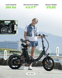 Teen standing next to a bicycle with specifications displayed on the screen.