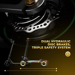 Podwójny hamulec hydrauliczny hulajnogi GT4 dla maksymalnego bezpieczeństwa.