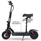 Black electric scooter with a seat and measurements on a white background