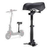 A black cushioned seat with a spring suspension is mounted on a sturdy, adjustable post, designed for an gt2 electric scooter, which is faintly visible in the background.