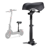A black cushioned seat with a spring suspension is mounted on a sturdy, adjustable post, designed for an gt2 electric scooter, which is faintly visible in the background.