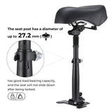 A black GT2/ix6 scooter seat with a sturdy post is shown, featuring a close-up of the adjustable clamp. The seat post has a diameter of up to 27.2 mm, ensuring a strong load-bearing capacity and a secure lock to prevent sliding.