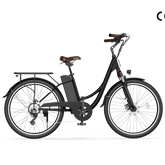 A sleek black electric bicycle with a step-through frame, featuring a brown saddle and a rear cargo rack, is displayed against a plain background.