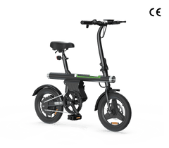 A sleek black electric bike with a compact frame, featuring small wheels and a comfortable saddle, displayed against a white background.