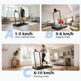 Three images show different treadmill modes in a bright living room: A) An older man walking slowly at 1-3 km/h, B) A dog jogging at 3-6 km/h, and C) A woman running at 6-10 km/h.