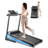 A woman runs on a black treadmill JT61 with a digital display and a water bottle holder, set at a 15° auto incline. Inset shows the treadmill folded vertically with another woman leaning against it, highlighting its compact storage feature.