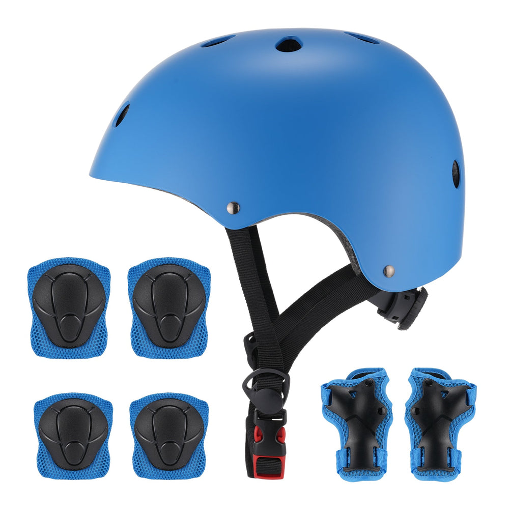 A blue safety helmet with ventilation holes is displayed alongside matching protective gear, including four knee and elbow pads and two wrist guards, all featuring black padding.