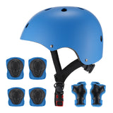 A blue safety helmet with ventilation holes is displayed alongside matching protective gear, including four knee and elbow pads and two wrist guards, all featuring black padding.