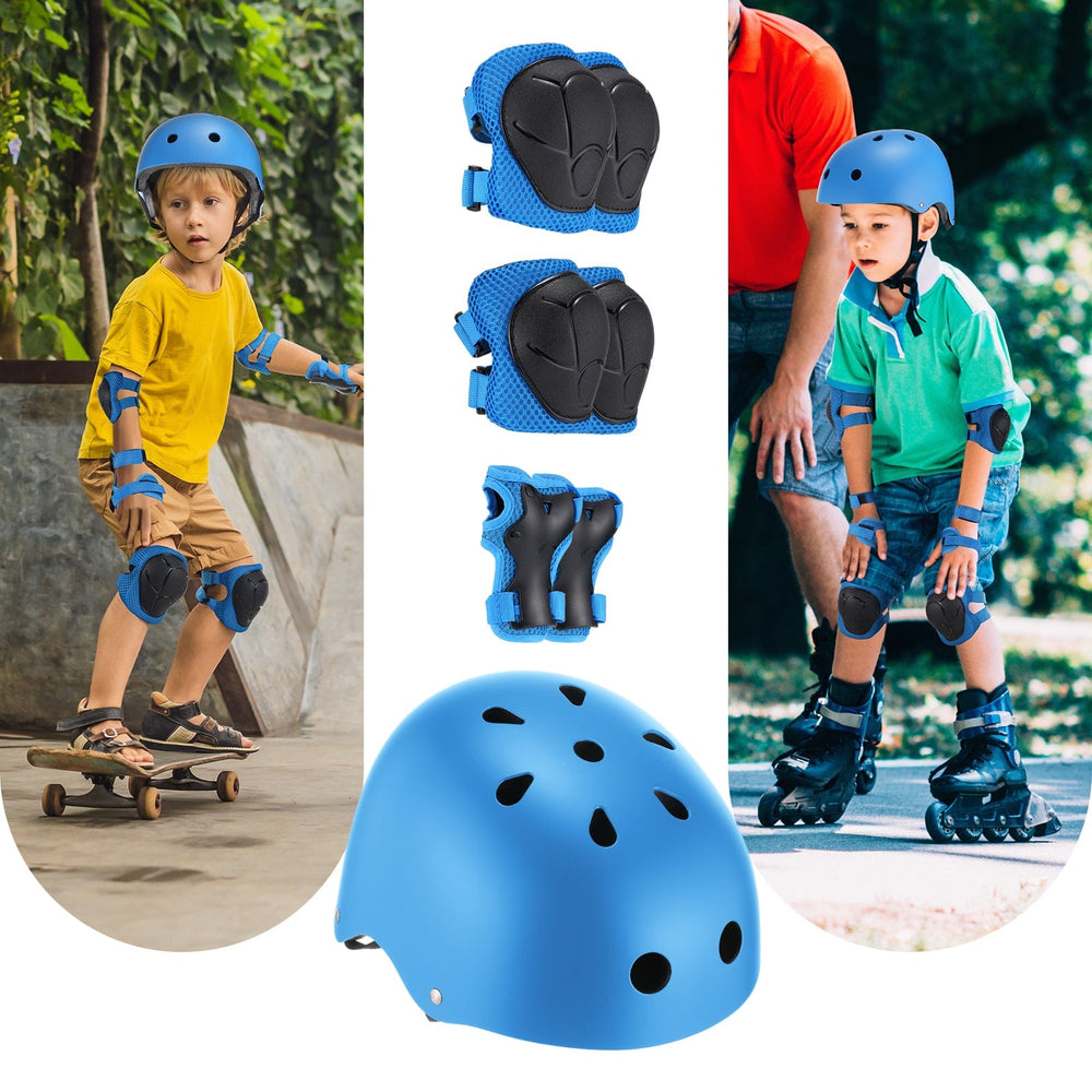 Children wearing blue protective gear and helmets, with a close-up of the gear and a helmet on a white background.
