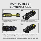 Instructions for resetting a combination lock are shown in four steps: 1) Open the lock using the default combination "00000". 2) Rotate the built-in rotary knob as indicated. 3) Set a new combination, ensuring each digit is aligned with the markings. 4) Rotate the knob counterclockwise back to its normal position. A note advises repeating these steps to reset the combination anytime.