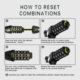 Instructions for resetting a combination lock are shown in four steps: 1) Open the lock using the default combination "00000". 2) Rotate the built-in rotary knob as indicated. 3) Set a new combination, ensuring each digit is aligned with the markings. 4) Rotate the knob counterclockwise back to its normal position. A note advises repeating these steps to reset the combination anytime.