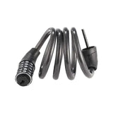 A coiled black combination cable lock with a numeric dial, designed for securing items like bicycles, is shown against a white background.