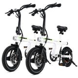 Two sleek, white folding electric bikes with black handlebars and wheels are positioned side by side. They feature disc brakes, LED front lights, and a compact design suitable for urban commuting.
