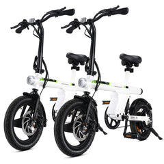 Two sleek, white folding electric bikes with black handlebars and wheels are positioned side by side. They feature disc brakes, LED front lights, and a compact design suitable for urban commuting.