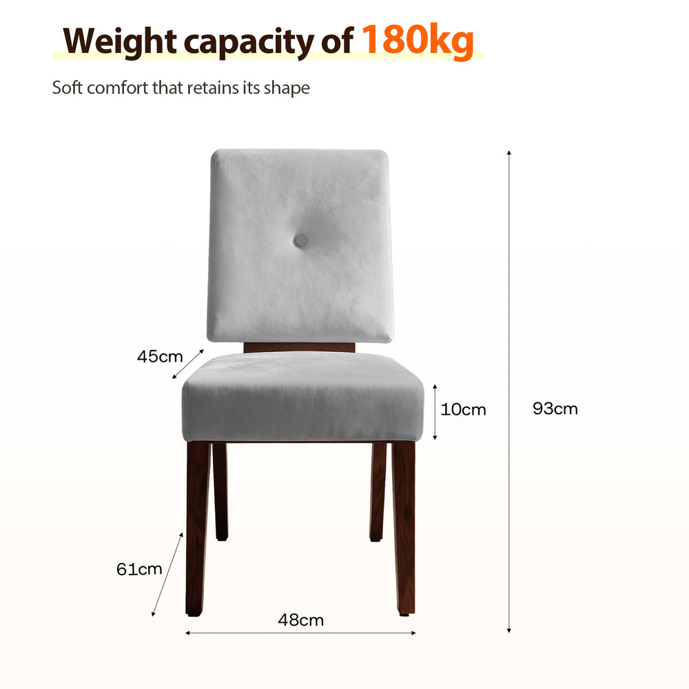 A white cushioned chair with a button-tufted backrest is shown, featuring dark wooden legs. The chair's dimensions are labeled: 93cm tall, 48cm wide, with a seat height of 61cm and a cushion thickness of 10cm. It has a weight capacity of 180kg.