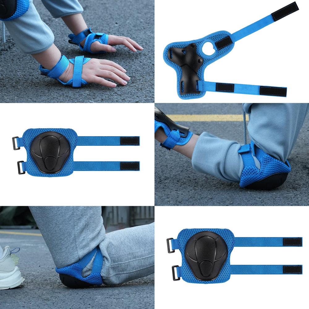 A collage showcases blue protective gear, including wrist, knee, and elbow pads, being worn by a person in light gray athletic clothing on a pavement. The gear features adjustable straps and black padded areas for impact protection.