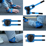 A collage showcases blue protective gear, including wrist, knee, and elbow pads, being worn by a person in light gray athletic clothing on a pavement. The gear features adjustable straps and black padded areas for impact protection.