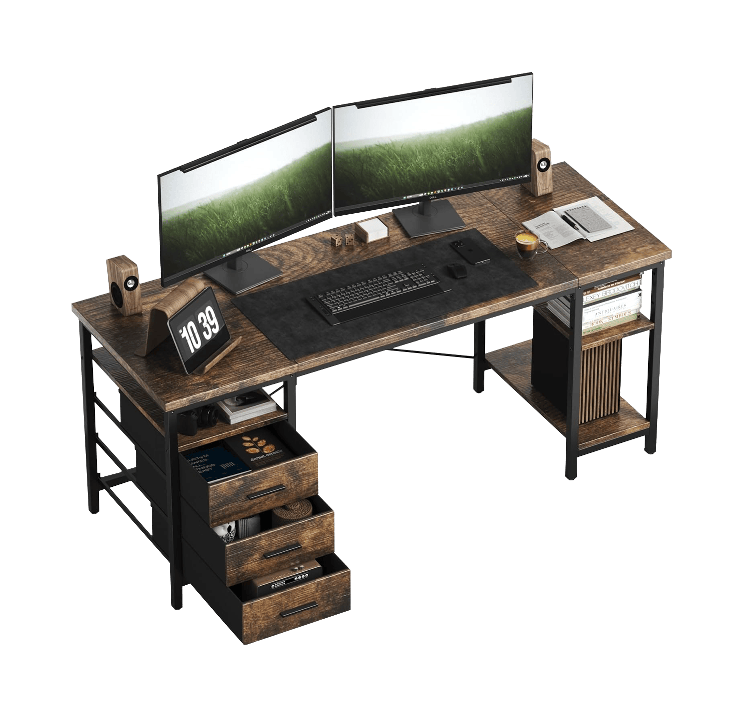 CyberCart 120/140cm Office Computer Desk – 3 Drawers & Shelves, Reversible, Brown