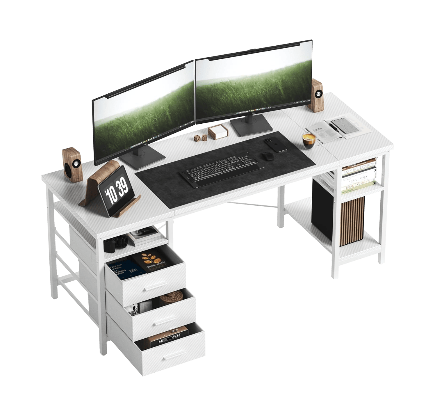 CyberCart 120/140cm Office Computer Desk – 3 Drawers & Shelves, Reversible, White