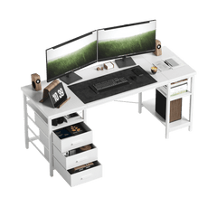 CyberCart 120/140cm Office Computer Desk – 3 Drawers & Shelves, Reversible, White