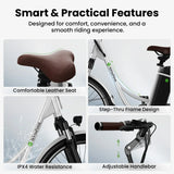 The image showcases features of a bicycle, including a comfortable brown leather seat, a step-thru frame design, IPX4 water resistance with water splashing on the frame, and an adjustable handlebar with a sleek black grip.