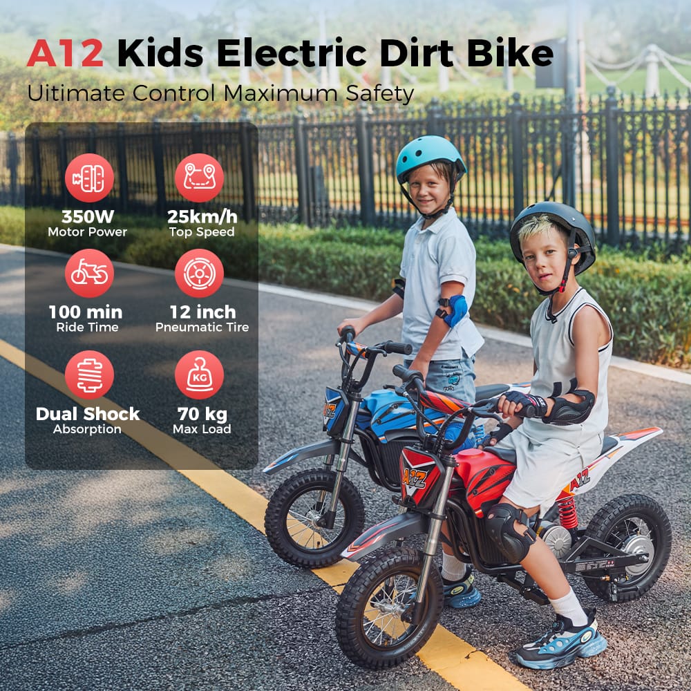 CyberCart E-Scooter for Kids Cybercart A12 Electric Dirt Bike for Kids - 350W Off-Road Motorcycle with Dual Suspension & 3 Speed Modes