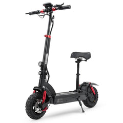 A black electric scooter gt2 with a comfortable seat and rugged, knobby tires is shown, featuring red accents on the suspension and handlebars, and equipped with dual headlights.