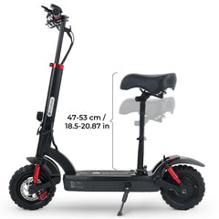 A GT2 electric scooter with a seat is shown, featuring adjustable seat height ranging from 47 to 53 cm (18.5 to 20.87 inches). The scooter has a sturdy build with thick tires and red accents on the suspension and brake components.