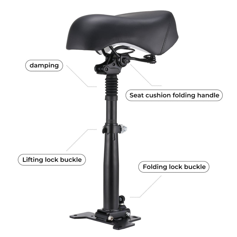A GT2 scooter adjustable bike seat with labeled features, including damping, seat cushion folding handle, lifting lock buckle, and folding lock buckle, mounted on a sturdy post with a base.