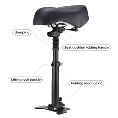 A GT2 scooter adjustable bike seat with labeled features, including damping, seat cushion folding handle, lifting lock buckle, and folding lock buckle, mounted on a sturdy post with a base.