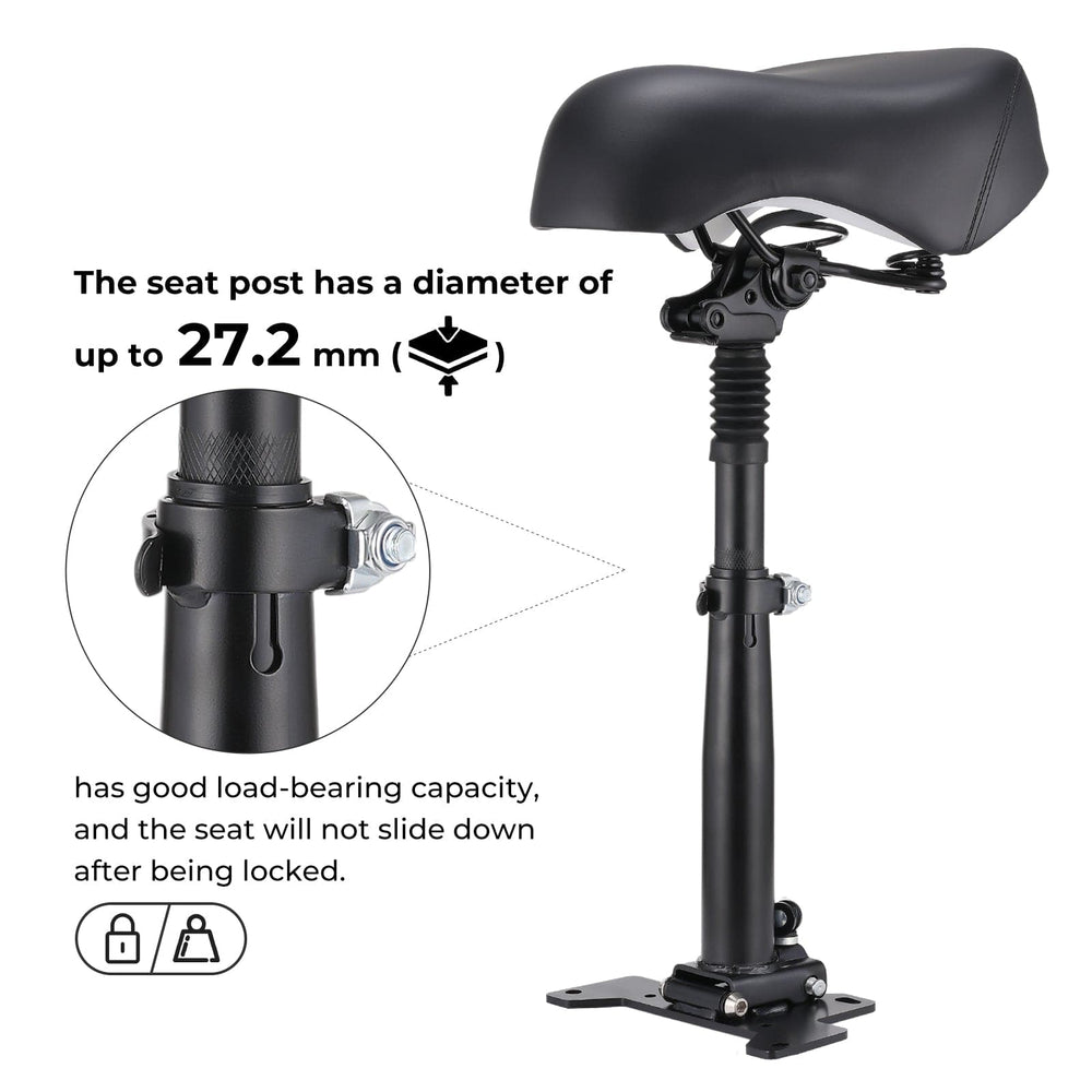 A black GT2/ix6 scooter seat with a sturdy post is shown, featuring a close-up of the adjustable clamp. The seat post has a diameter of up to 27.2 mm, ensuring a strong load-bearing capacity and a secure lock to prevent sliding.