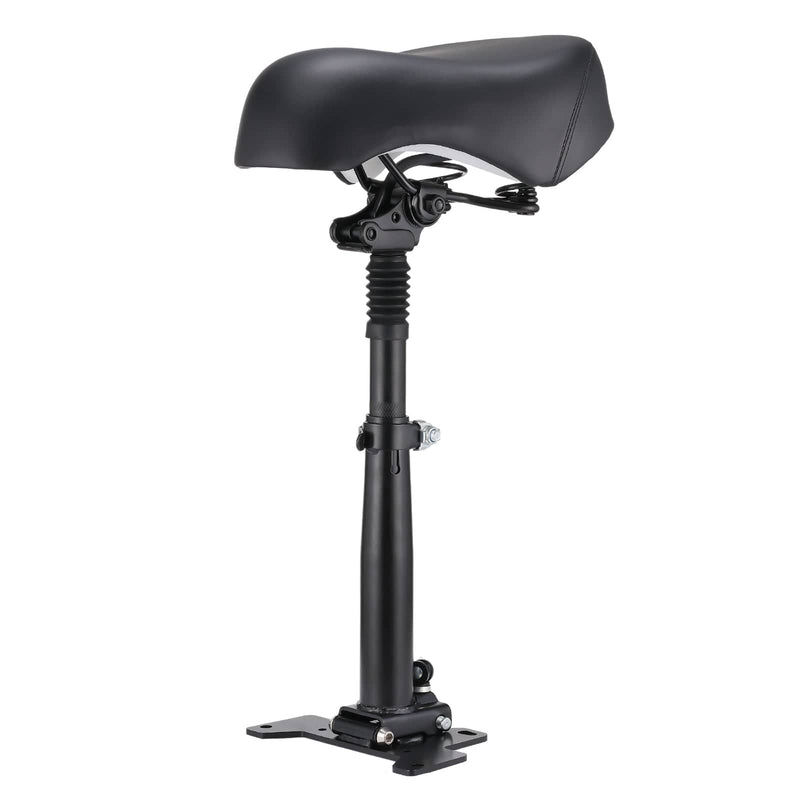 A black scooter seat with a suspension post and mounting bracket is shown against a plain white background.