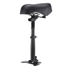 A black scooter seat with a suspension post and mounting bracket is shown against a plain white background.