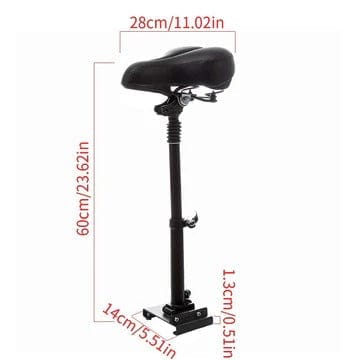 A black scooter seat with a spring suspension is mounted on an adjustable post, measuring 60 cm in height. The seat is 28 cm wide, and the base measures 14 cm by 13 cm.