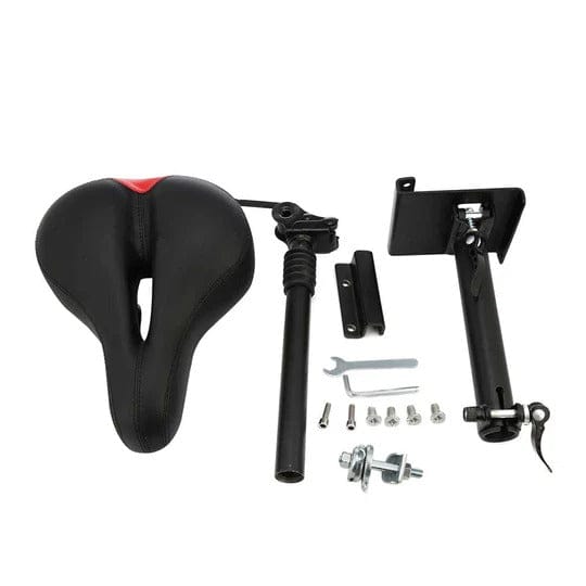 A scooter seat kit is displayed, featuring a black seat with a red accent, a suspension seat post, and an assortment of installation tools and hardware, including a wrench and bolts, all set against a plain white background.