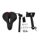 A scooter seat kit is displayed, featuring a black seat with a red accent, a suspension seat post, and an assortment of installation tools and hardware, including a wrench and bolts, all set against a plain white background.