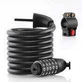 A black coiled combination bike lock with a four-digit dial is shown alongside a black mounting bracket with a red button, set against a plain white background.